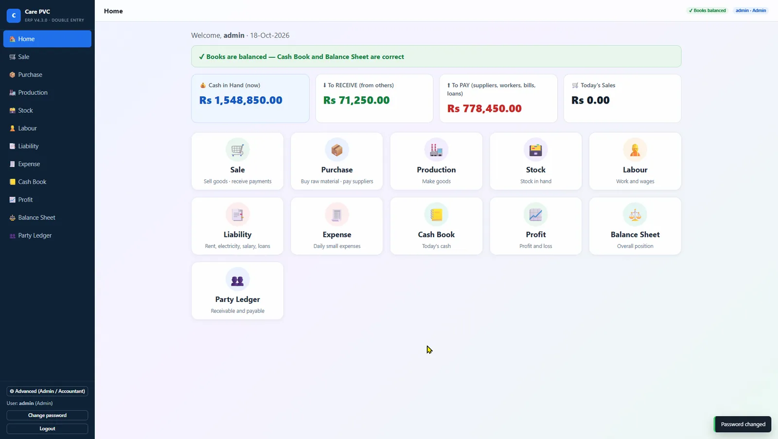 Dashboard: cash, receivables, payables and today’s sales