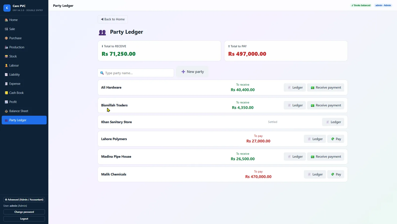 Party ledger: to receive and to pay