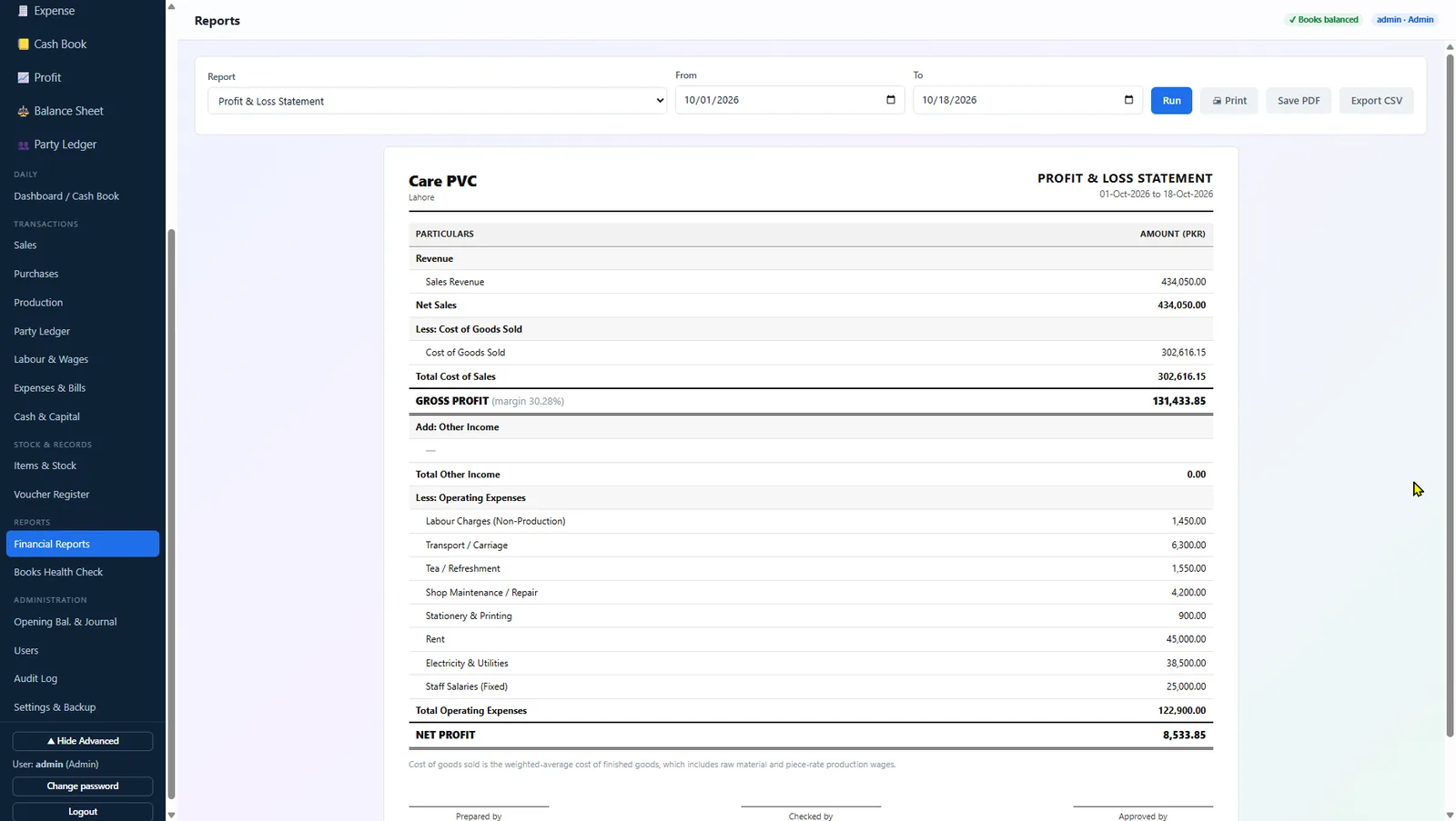 Printable profit & loss statement
