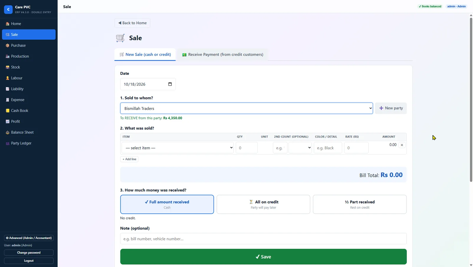 Sale bill: cash, credit or part payment